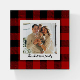 Red Buffalo Plaid & Personal Name And Photo Paperweight