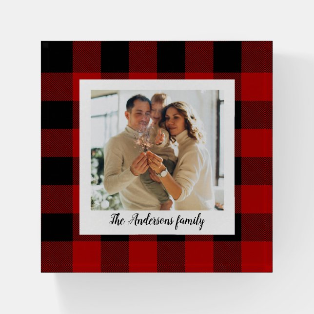 Red Buffalo Plaid & Personal Name And Photo Paperweight (Front)