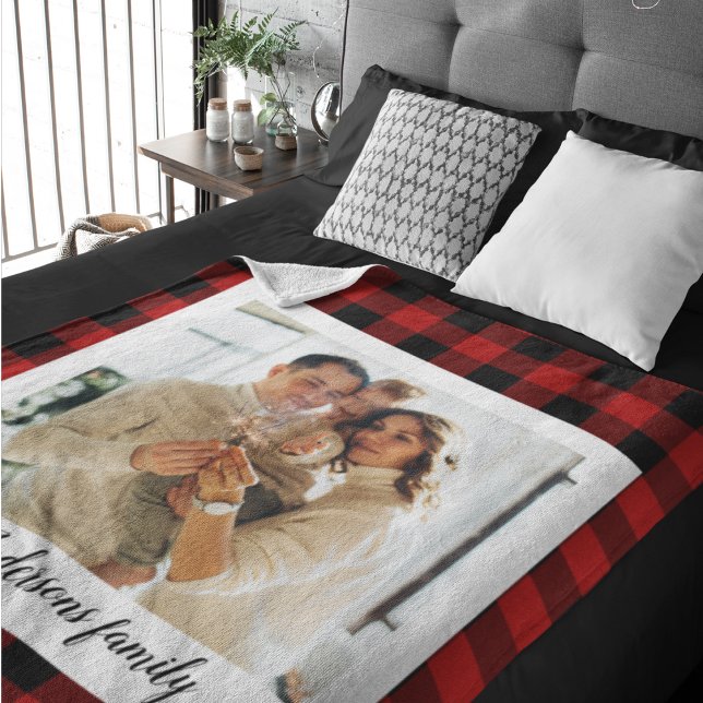 Red Buffalo Plaid & Personal Name And Photo Sherpa Blanket (Creator Uploaded)