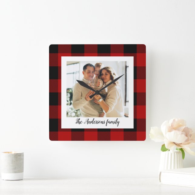 Red Buffalo Plaid & Personal Name And Photo Square Wall Clock (Home)