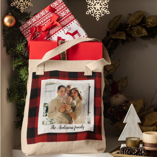 Red Buffalo Plaid & Personal Name And Photo Tote Bag