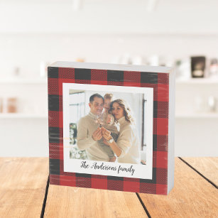 Red Buffalo Plaid & Personal Name And Photo Wooden Box Sign