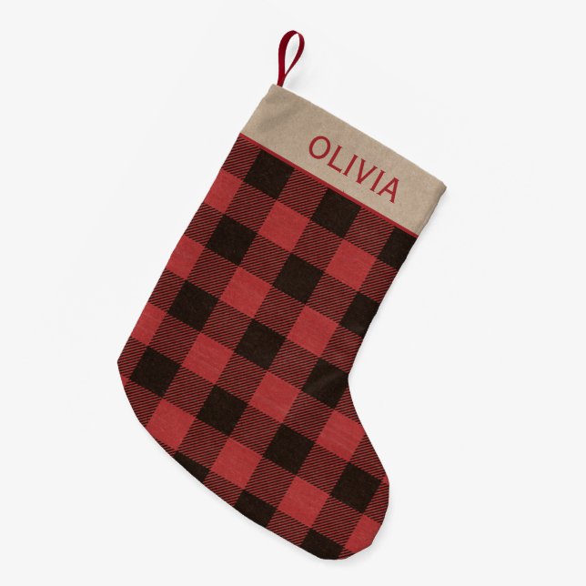 Red Buffalo Plaid Personalised Name Small Christmas Stocking (Front (Hanging))