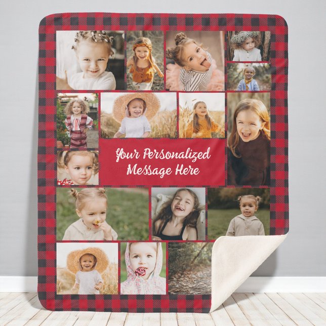 Red Buffalo Plaid Personalized 16 Photo Collage Sherpa Blanket (Creator Uploaded)