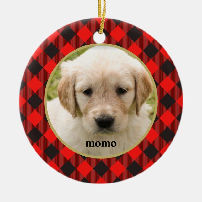 Red Buffalo Plaid Pet Christmas Ceramic Ornament (Front)