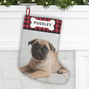 Red Buffalo Plaid Pet Dog Bone Photo Name Small Christmas Stocking