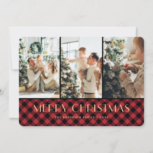 Red Buffalo Plaid Photo Collage Christmas Cards (Front)