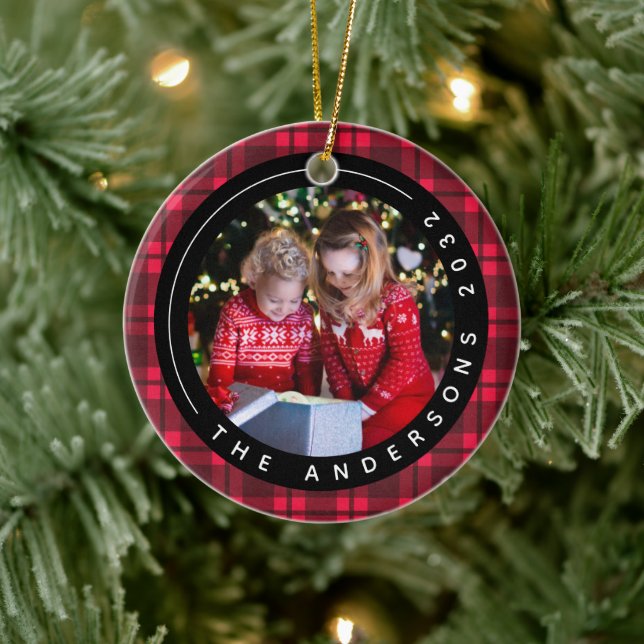 Red Buffalo Plaid Photo Frame Christmas Ceramic Tree Decoration (Tree)
