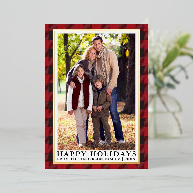 Red Buffalo Plaid Photo Happy Holidays Gold Foil Holiday Card (Standing Front)