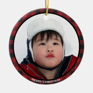 Red Buffalo Plaid Photo Holiday Ceramic Tree Decoration