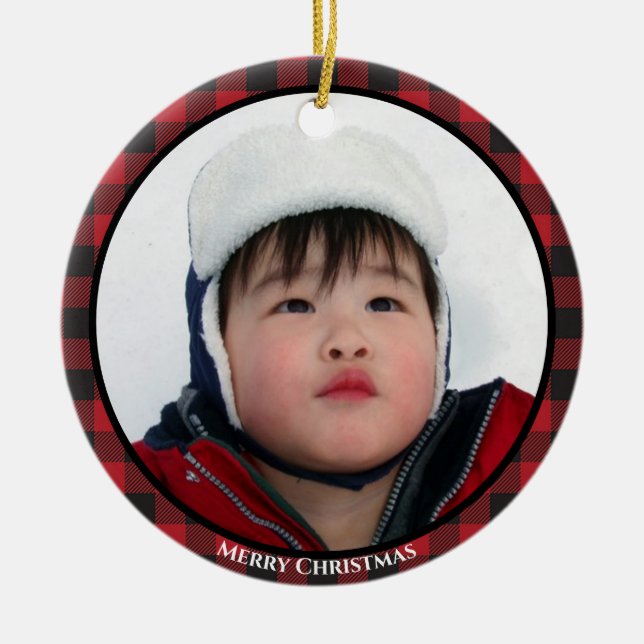 Red Buffalo Plaid Photo Holiday Ceramic Tree Decoration (Front)
