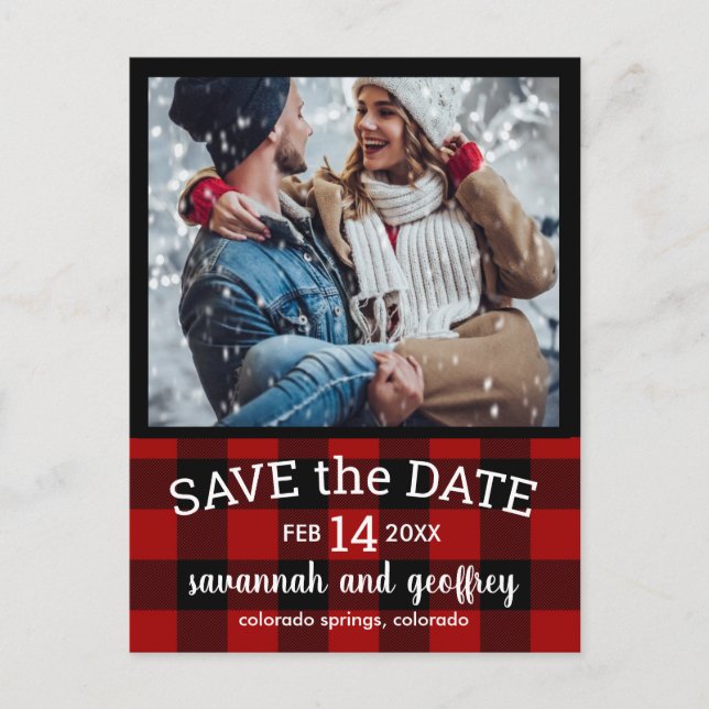 Red Buffalo Plaid Photo Wedding Save the Date Announcement Postcard (Front)