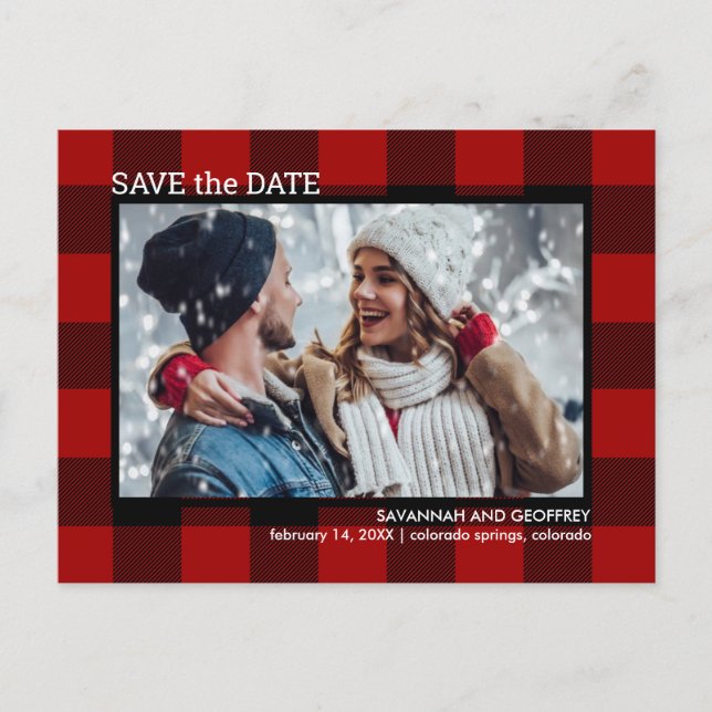 Red Buffalo Plaid Photo Wedding Save the Date Announcement Postcard (Front)