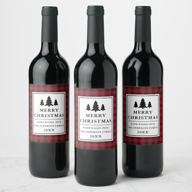 Red Buffalo Plaid Pines Merry Christmas Wine Label (Bottles)
