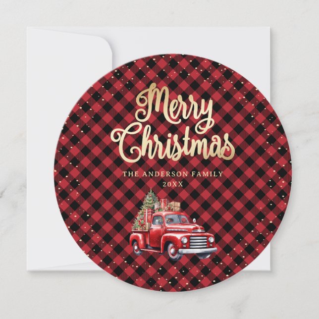 Red Buffalo Plaid Red Truck Christmas Cards (Front)