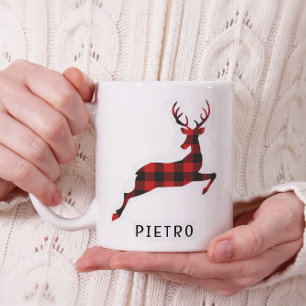 Red Buffalo Plaid Reindeer Christmas Monogram Coffee Mug