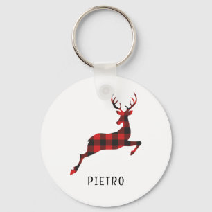 Red Buffalo Plaid Reindeer Christmas Monogram Key Ring