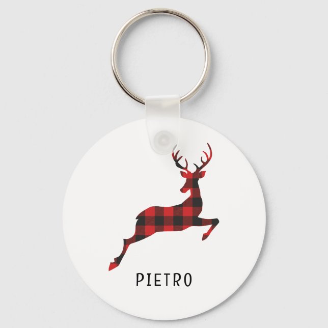 Red Buffalo Plaid Reindeer Christmas Monogram Key Ring (Front)
