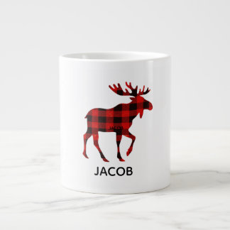 Red Buffalo Plaid Reindeer Christmas Monogram  Large Coffee Mug