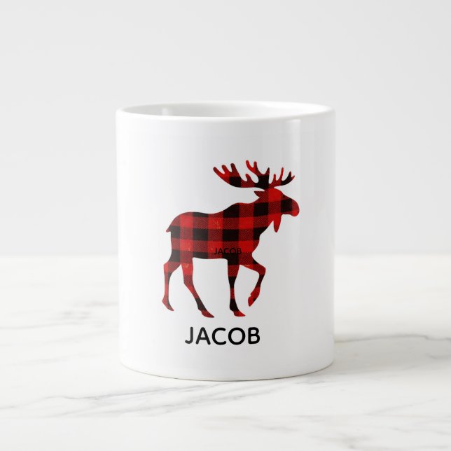 Red Buffalo Plaid Reindeer Christmas Monogram  Large Coffee Mug (Front)
