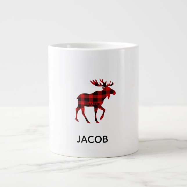 Red Buffalo Plaid Reindeer Christmas Monogram  Large Coffee Mug (Front)