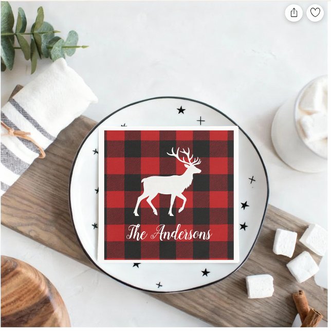 Red Buffalo Plaid & Reindeer | Personal Name Gift  Napkin (Creator Uploaded)