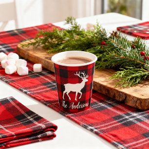 Red Buffalo Plaid & Reindeer Personal Name Gift Paper Cups