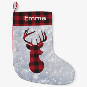 Red Buffalo Plaid Reindeer Snowflakes Custom Name Small Christmas Stocking