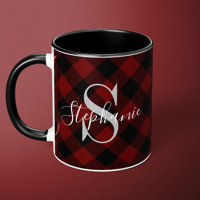 Red Buffalo Plaid Rustic Monogram Name Mug (Creator Uploaded)