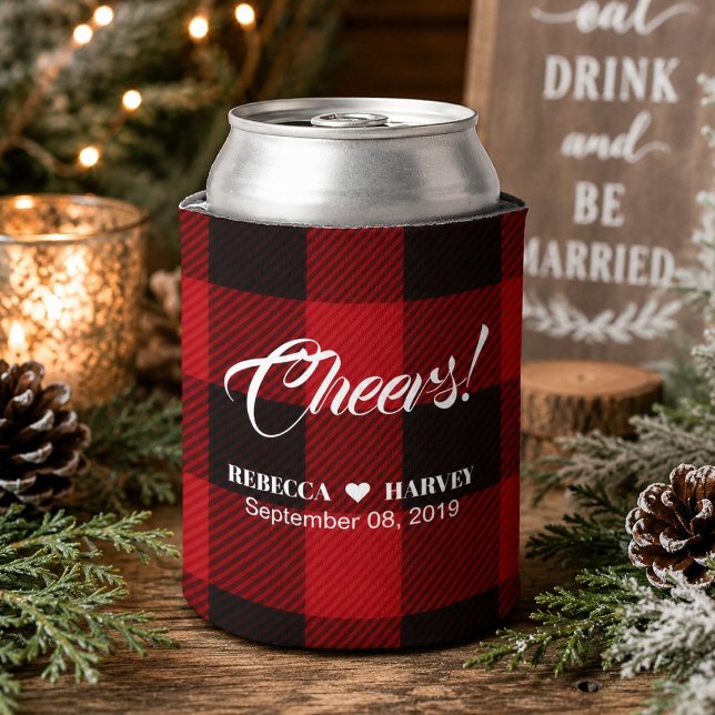 red buffalo plaid rustic winter wedding can cooler (red buffalo plaid rustic winter wedding can cooler)