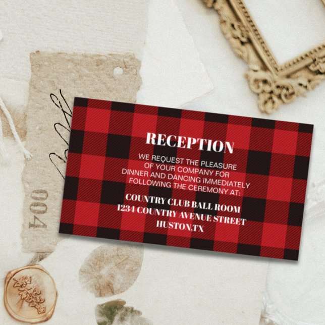 red buffalo plaid rustic winter wedding direction enclosure card (red buffalo plaid rustic winter wedding direction enclosure card)