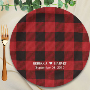 red buffalo plaid rustic winter wedding party paper plate
