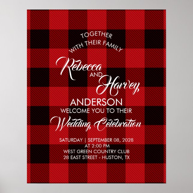 red buffalo plaid rustic winter wedding welcome poster (Front)