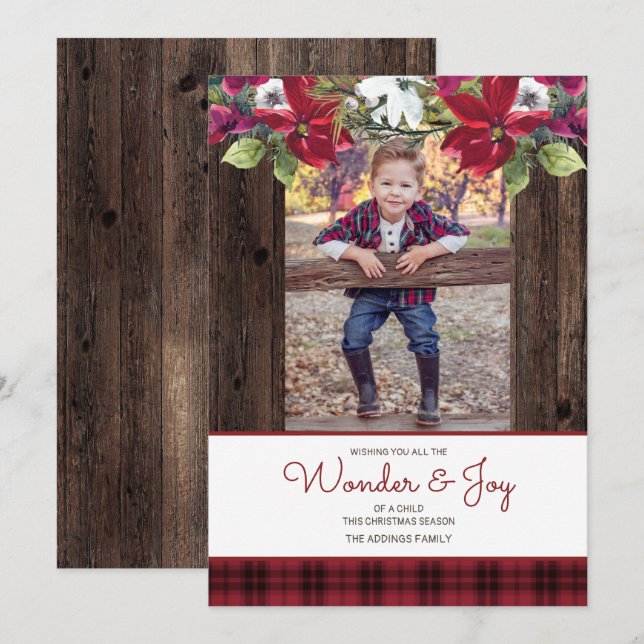 Red Buffalo Plaid Rustic Wood Poinsettia Christmas Invitation (Front/Back)