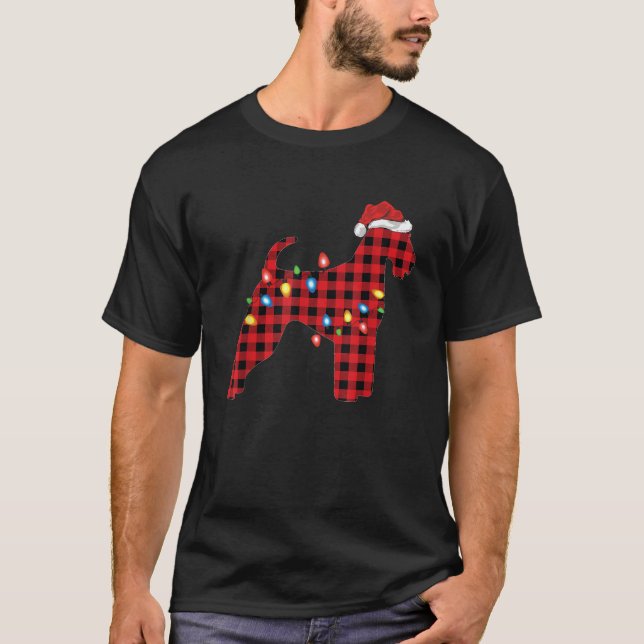 Red Buffalo Plaid Santa Airedale Terrier Christmas T-Shirt (Front)