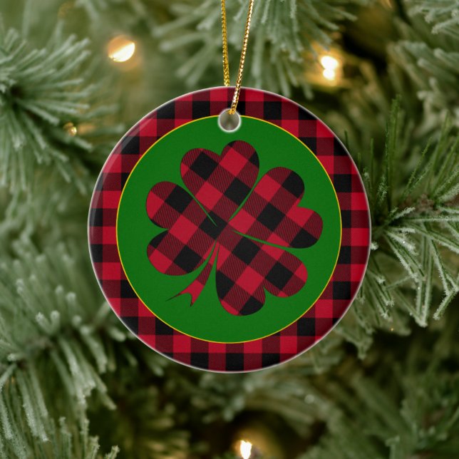 Red buffalo plaid Shamrock, Lucky Clover Charm Ceramic Tree Decoration (Tree)