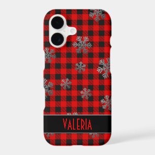 Red Buffalo Plaid Silver Glitter Snowflakes