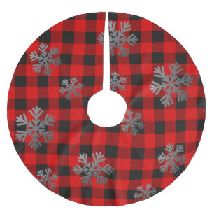 Red Buffalo Plaid Silver Glitter Snowflakes Brushed Polyester Tree Skirt