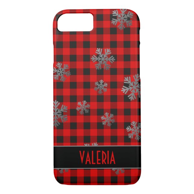 Red Buffalo Plaid Silver Glitter Snowflakes Case-Mate iPhone Case (Back)