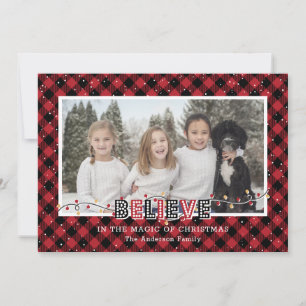 Red Buffalo Plaid Snow Believe Photo Holiday Card