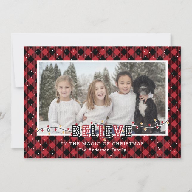Red Buffalo Plaid Snow Believe Photo Holiday Card (Front)