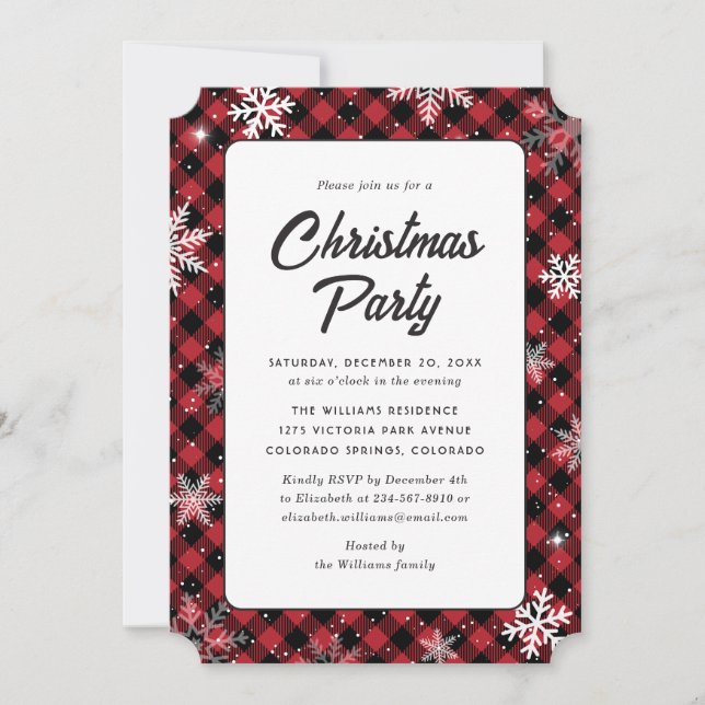 Red Buffalo Plaid Snowflake Christmas Party Invitation (Front)