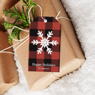Red Buffalo Plaid & Snowflake Happy holidays Gift Tags