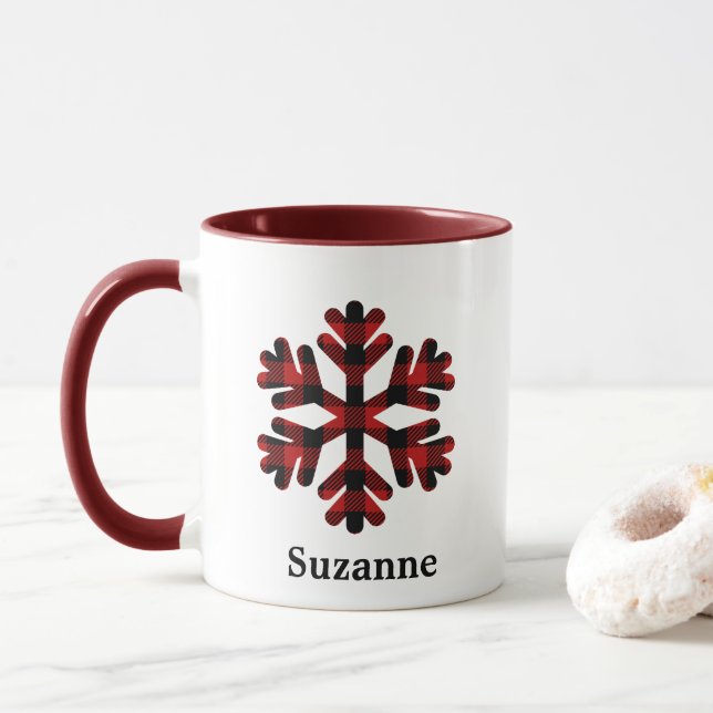 Red Buffalo Plaid Snowflake Monogram Coffee Mug (With Donut)