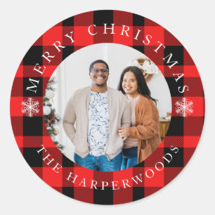 Red Buffalo Plaid Snowflakes Christmas 1 Photo Classic Round Sticker