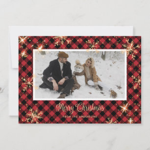 Red Buffalo Plaid Sparkly Photo Christmas Cards
