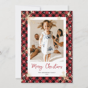 Red Buffalo Plaid Sparkly Photo Christmas Cards