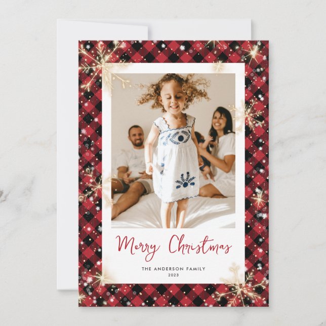 Red Buffalo Plaid Sparkly Photo Christmas Cards (Front)