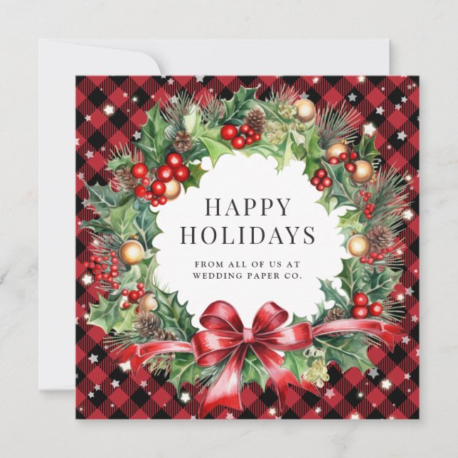 Red Buffalo Plaid Stars Holly Berries Business Holiday Card (Front)