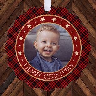 Red Buffalo Plaid & Stars Merry Christmas Rustic Tree Decoration Card